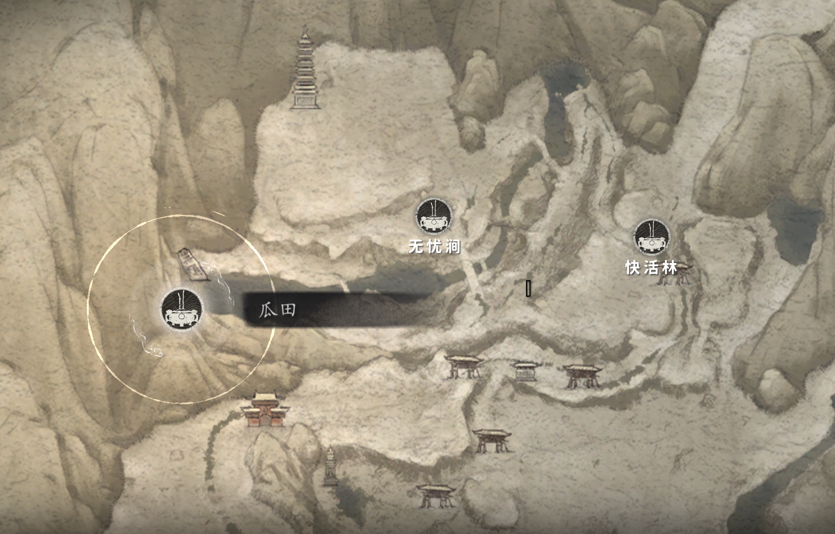 "极乐谷 - 瓜田" 土地庙相对位置